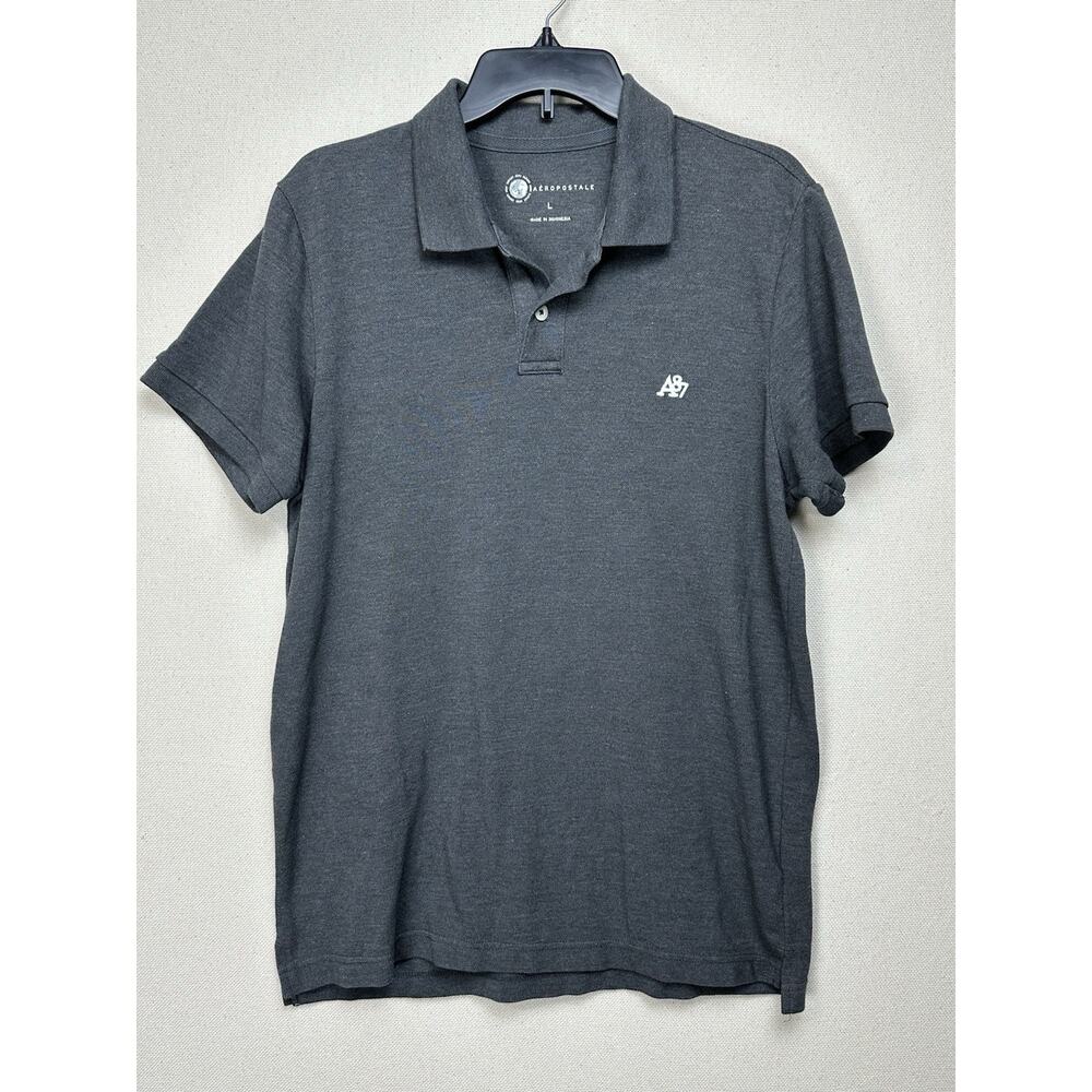 Aeropostale Mens Polo Shirt Solid Dark Gray Large Cotton Blend Short Sleeve‎